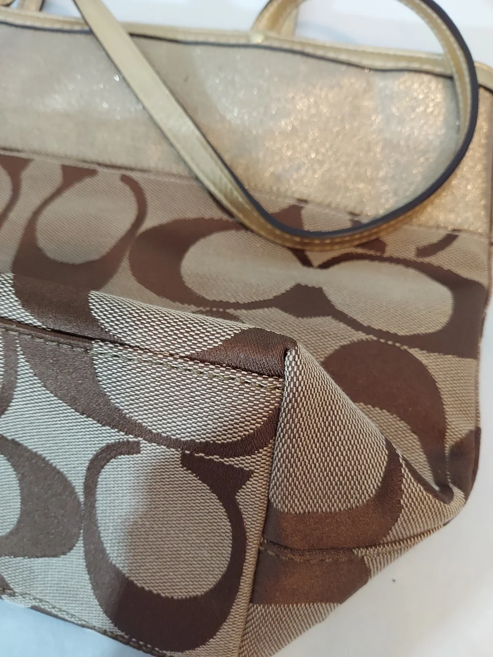 Coach Signature Stripe Floral Chrysanthemum Tote Gold Khaki Jacquard 12204